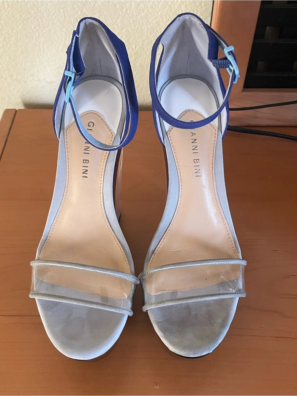 Gianni Bini Blue and Silver Clear-Platform Block Heel Sandals